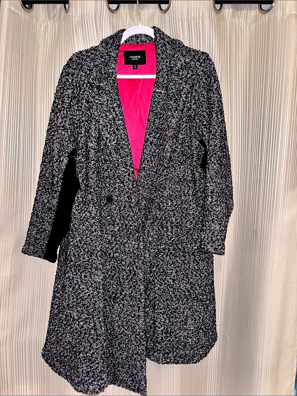 Torrid Black & White Boucle Statement Coat with Stretch Knit Sleeve Insets Black